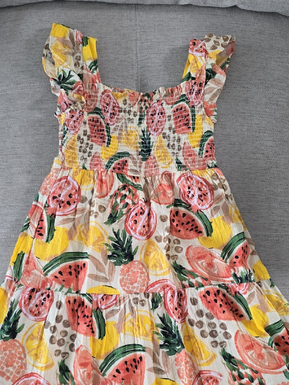By The River Smocked Yellow & Pink Tropical Fruit Midi Dress Sz Medium - Picture 2 of 8